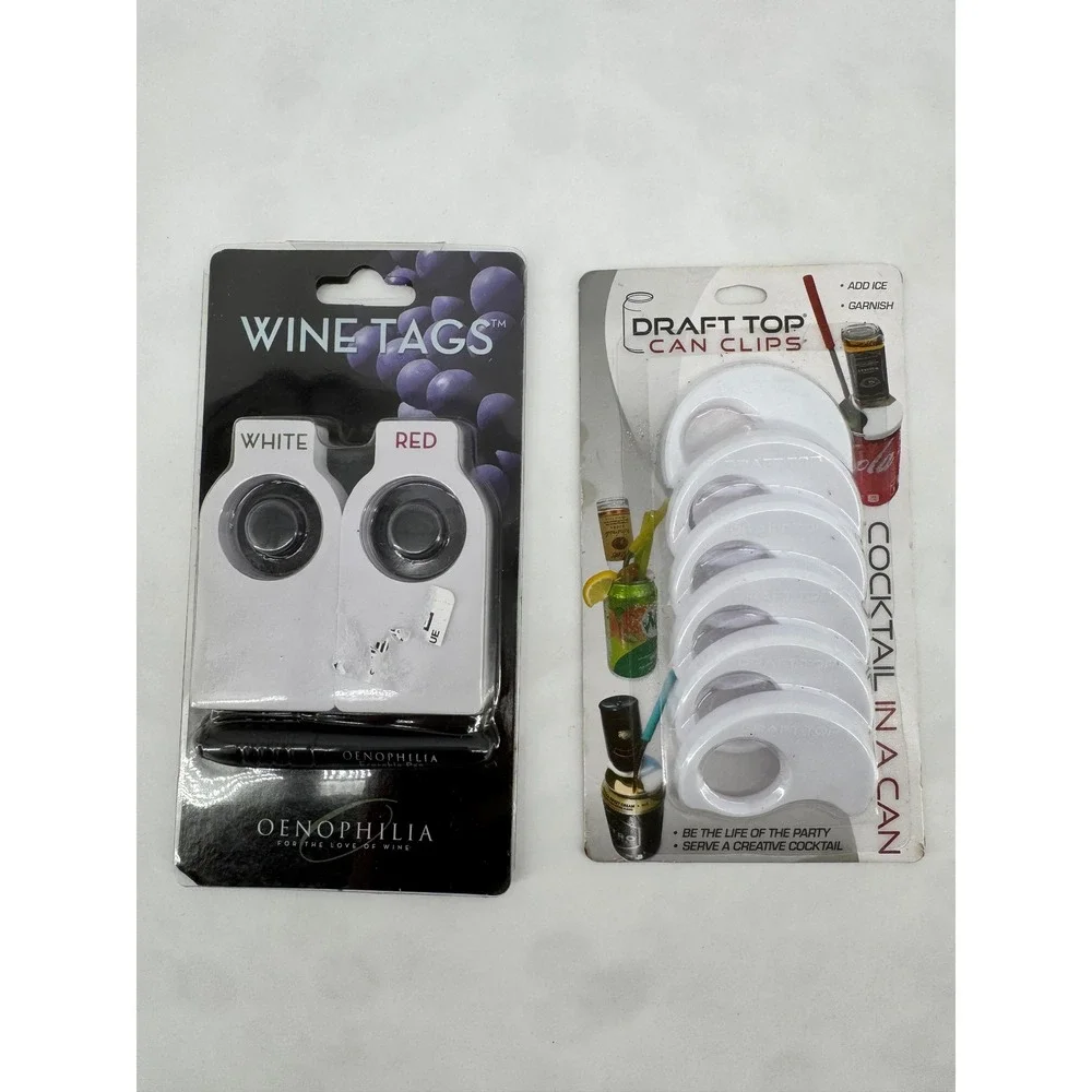 Oenophilia Wine Tags Set and Draft Top Can Clips Bundle White Drink Accessories
